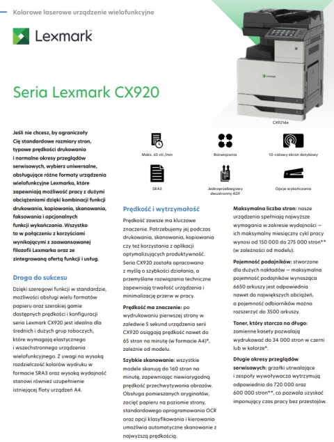 Drukarka wielofunkcyjna laserowa kolor Lexmark CX921 A3 DADF DUPLEX KLASA A + WiFi