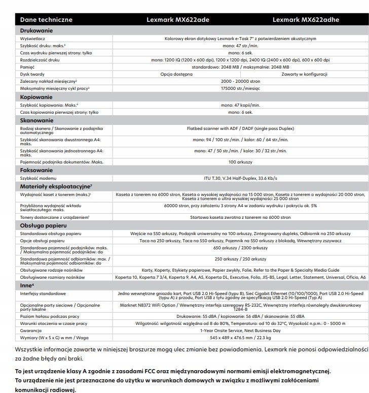 Drukarka Lexmark MX622adhe A4 MONO DUPLEX SKAN KOPIA LAN + TONER KLASA A Marka Lexmark
